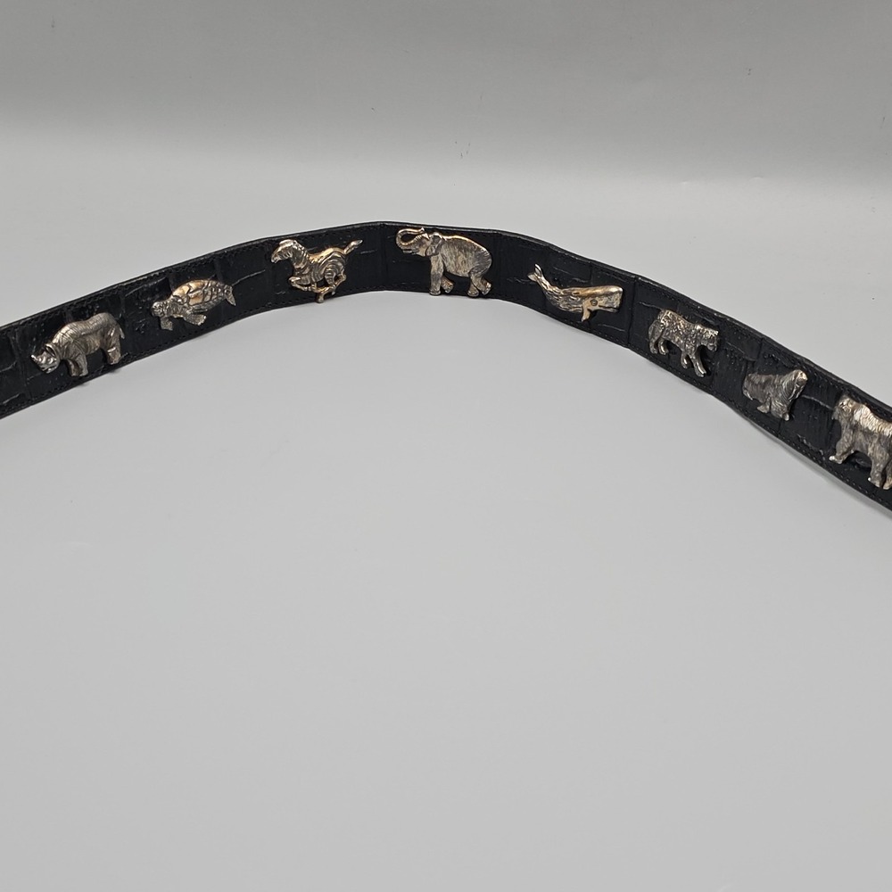 Honest Brighton Black Leather Metal Exotic Animals Belt Size 30" Rhino Elephant
